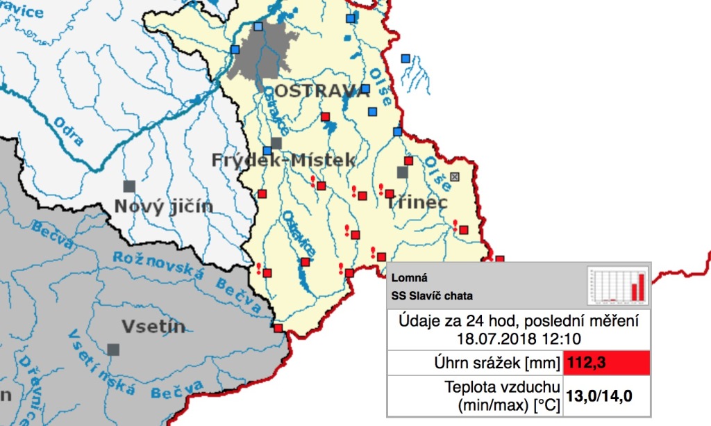 Na Lysé hoře napršelo přes 100mm za 24 hodin, hladiny řek na SZ Moravy stouply